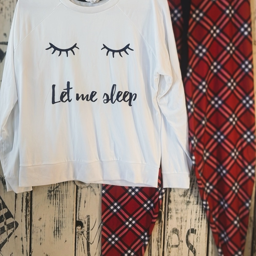 White Graphic Sweatshirt and Red Plaid Pants Set